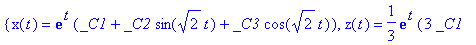 {x(t) = exp(t)*(_C1+_C2*sin(sqrt(2)*t)+_C3*cos(sqrt...