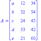 A := matrix([[a, 12, 34], [b, 32, 54], [c, 24, 45], [d, 33, 42], [e, 21, 60]])