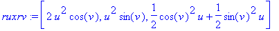 ruxrv := vector([2*u^2*cos(v), u^2*sin(v), 1/2*cos(...