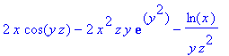 2*x*cos(y*z)-2*x^2*z*y*exp(y^2)-ln(x)/(y*z^2)